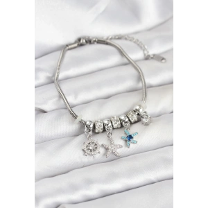 HarmonyAura Pirinç Gümüş Renk Deniz Tema Charmlı Kadın Bileklik