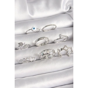 HarmonyAura Pirinç Gümüş Renk Nazar Boncuk Detay İncili Kelebek İşlemeli Kadın Yüzük Kombini