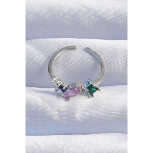 HarmonyAura Pirinç Gümüş Renk Renkli Zirkon Taşlı Ayarlanabilir Yüzük