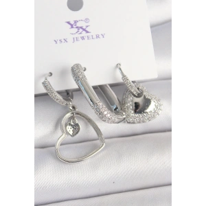 HarmonyAura Pirinç Gümüş Renk Sallantı Zirkon Taşlı Kalp Model 3Lü Kadın Kombin Küpe