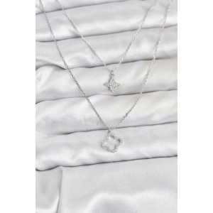 HarmonyAura Pirinç Gümüş Renk Yonca Model 2li Kadın Kolye