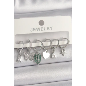 HarmonyAura Pirinç Gümüş Renk Zirkon Taşlı Çoklu Figür Kadın Küpe Seti