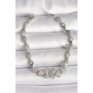 HarmonyAura Pirinç Gümüş Renk Zirkon Taşlı Kelebek Figür Damla Zincir Model Kadın Bileklik