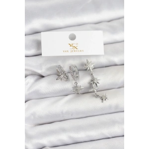 HarmonyAura Pirinç Gümüş Renk Zirkon Taşlı Kutup Yıldızı Model YSX Trio Küpe Seti