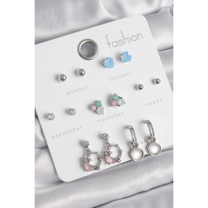 HarmonyAura Pirinç Gümüş Renk Zirkon Taşlı Sallantı Halka Model Çiçek Detay 7 Çift Kadın Küpe Seti