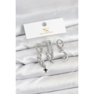 HarmonyAura Pirinç Gümüş Renk Zirkon Taşlı Uzay Model YSX Trio Küpe Seti