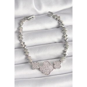 HarmonyAura Pirinç Gümüş Renk Zirkon Taşlı Yonca Model Zincir Model Kadın Bileklik