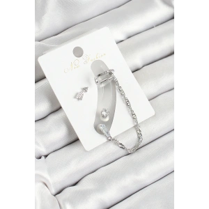 HarmonyAura Pirinç Ok Figürlü Zirkon Taşlı Gümüş Renk 3lü Kıkırdak Kadın Küpe Set