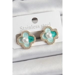 HarmonyAura Pirinç Yeşil Mineli İnci Detaylı Zirkon Taşlı Sanatsal Portre Yonca Model Gold Renk Kadın Küpe