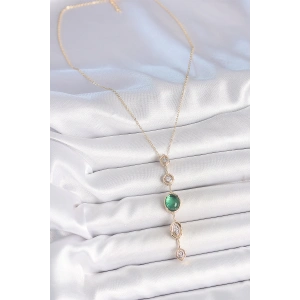 HarmonyAura Pirinç Zincir Zümrüt Yeşil Gold Renk Zirkon Taşlı Y Kolye