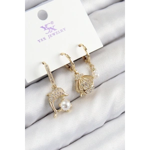 HarmonyAura Pirinç Zirkon Taşlı 3lü Yunus Balığı Ve İstiridye Model Gold Renk Kadın Küpe