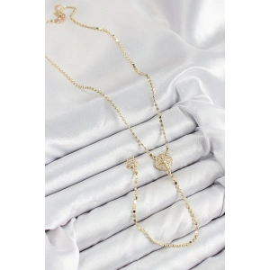 HarmonyAura Pirinç Zirkon Taşlı Ezme Zincirli Madalyon Model Gold Renk Y Kolye