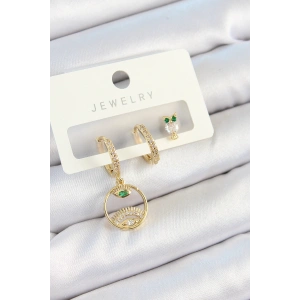 HarmonyAura Pirinç Zirkon Taşlı Göz Ve Baykuş Model Gold Renk 3lü Çift Kadın Küpe Set