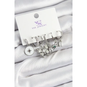 HarmonyAura Pirinç Zİrkon Taşlı Kelebek ve Yıldız Model Gümüş Renk 3lü Çift Kadın Küpe