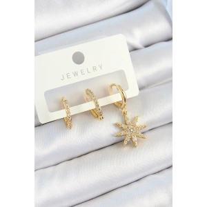 HarmonyAura Pirinç Zirkon Taşlı Kutup Yıldızı Model Gold Renk 3lü Çift Kadın Küpe Set