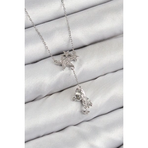 HarmonyAura Pirinç Zirkon Taşlı Sallantılı Ayıcıklı Yıldız Model Gümüş Renk Kadın Kolye