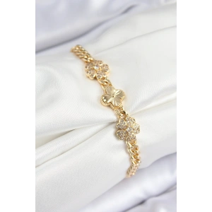HarmonyAura Pirinç Zirkon Taşlı Yonca Model Gold Renk Kadın Bileklik
