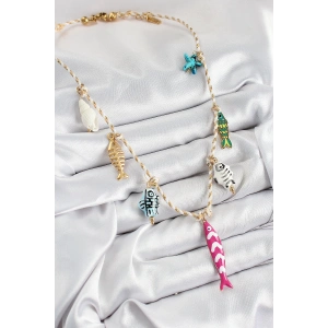 HarmonyAura Seramik Motifli Pembe Balık Figürlü Model Krem İp Kadın Kolye