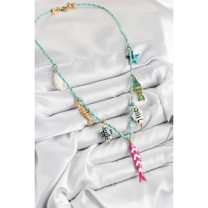 HarmonyAura Seramik Motifli Pembe Balık Figürlü Model Mavi İp Kadın Kolye