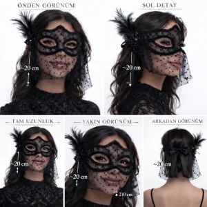 HarmonyAura Siyah Dantel Tüllü Peçeli Parti Maskesi - Tüylü İnci Detaylı