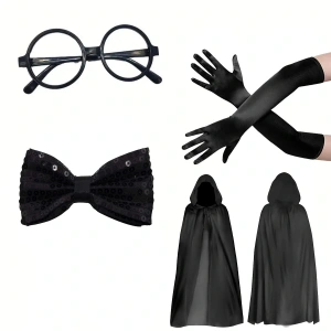 HarmonyAura Siyah Kapüşonlu Büyücü ve Cadı Pelerin Kostüm Seti (4 Parça)