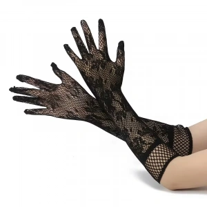 HarmonyAura Siyah Uzun Gül Desenli Dantel Kadın Eldiveni