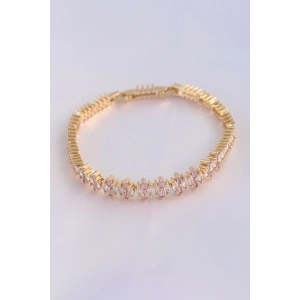 HarmonyAura Vip Seri Pirinç Pembe Zirkon Taşlı Gold Renk Baget Model Bileklik