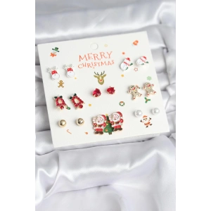 HarmonyAura Yılbaşı Temalı Karışık Model 8 Çift Yılbaşı Temalı Kadın Küpe Seti