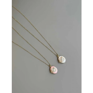 İncili Etnik Desen Kapaklı Kolye - Pembe