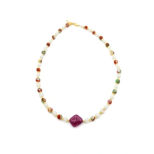 İncili Taşlı Kolye - Mor