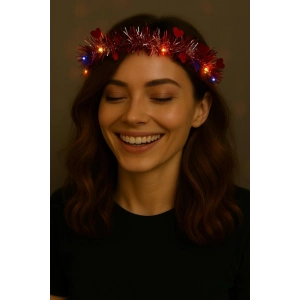 Kalp Püsküllü 3 Modlu LED Işıklı Taç Kırmızı Renk