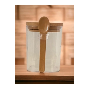 Kare Bambu Kapaklı Kaşıklı Kristal Plastik Baharat Saklama Kabı 500ml ( 1 Adet ) Royaleks-hs501
