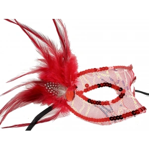 Kırmızı Yandan Tüylü Payetli Parti Maskesi