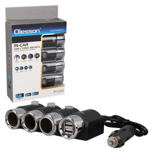 Olesson 1508 12-24V Çift USB Girişli 120W 80cm Kablolu 3lü Araç Çakmak Çoklayıcı