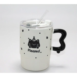 Sevimli Ayı Figürlü Pipetli Kapaklı Porselen Kupa Bardak