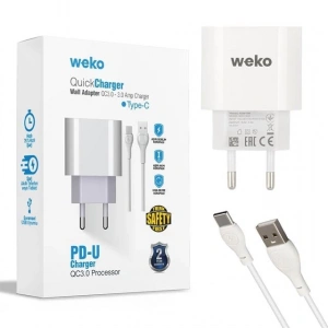 Weko WK-21442 PDU QC 3.0 Amper Telefon Şarj Başlık Adaptörü + Type-C Kablo