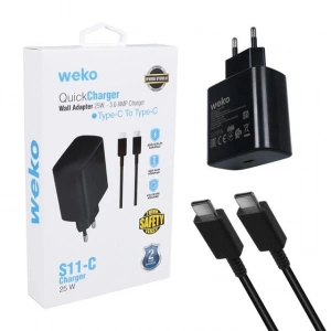 Weko Wk-26523 S11-C 25 Watt Siyah Şarj Başlık Adaptörü + Type-C To Type-C Kablo