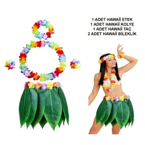 Yetişkin Hawaii Kostüm Seti - Yaprak Etek  Hawaii Set - 5 Parça