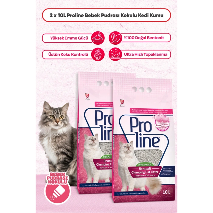 Proline Bebek Pudrası Kokulu Ince Tane Topaklanan Kedi Kumu 10 Lt X 2 Adet