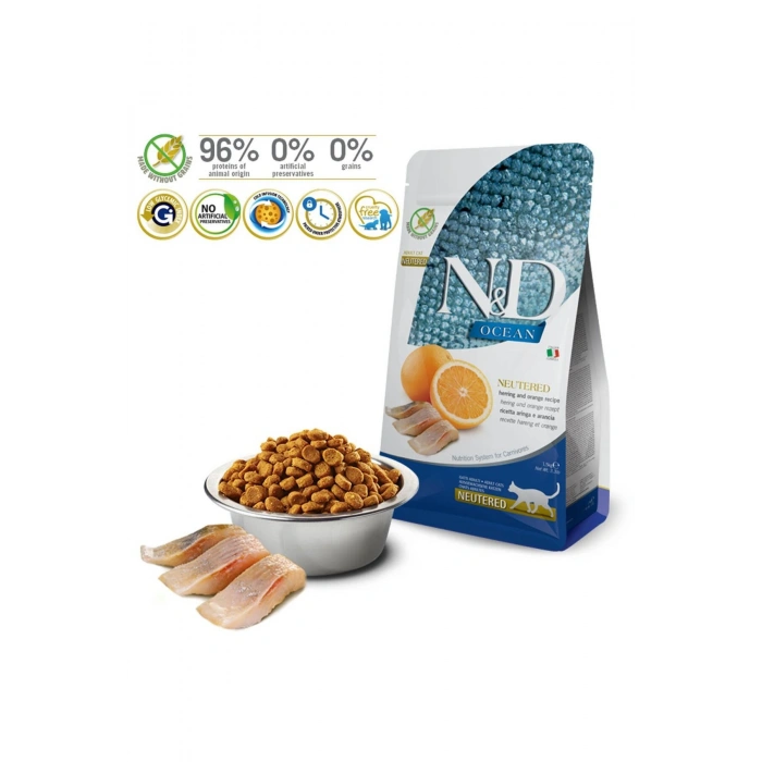 Ocean Tahılsız Ringa Balıklı&Portakallı Kısır Kedi Maması 1,5 KG