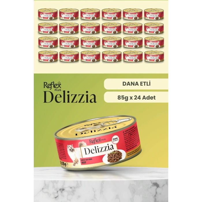 Plus Delizzia / Sos İçinde Parça Etli Dana Etli Yetişkin Kedi Maması 85g x 24 Adet