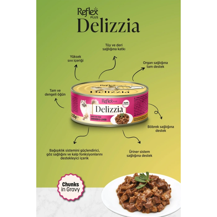 Plus Delizzia / Sos İçinde Parça Etli Tavuklu & Ciğerli Yetişkin Kedi Maması 85g x 24 Adet