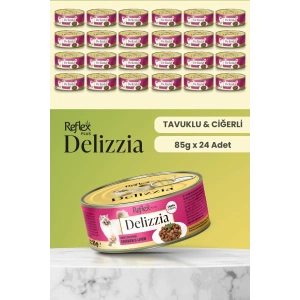 Plus Delizzia / Sos İçinde Parça Etli Tavuklu & Ciğerli Yetişkin Kedi Maması 85g x 24 Adet