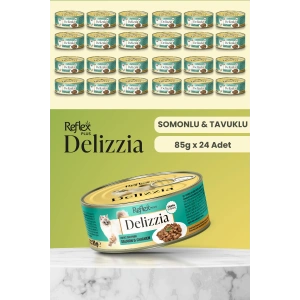 Plus Delizzia / Sos İçinde Parça Etli Somonlu & Tavuklu Yetişkin Kedi Maması 85g x 24 Adet