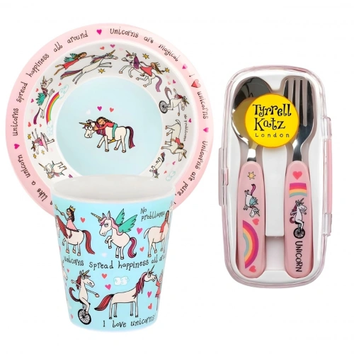 Tyrrell Katz Melamin Mama Kasesi - Alıştırma Bardağı - Kutulu Çatal Kaşık Seti // Unicorn