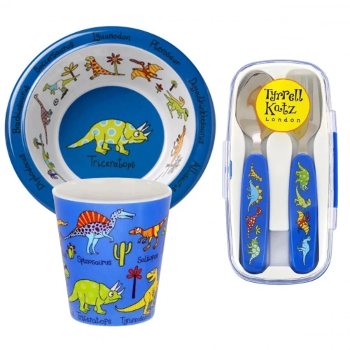 Tyrrell Katz Melamin Mama Kasesi - Alıştırma Bardağı - Kutulu Çatal Kaşık Seti // Dino