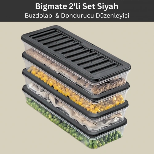 bigmate 2'li Şeffaf Saklama Kabı Siyah 2x1 Lt BGMT1115 Mikrodalga Buzdolabı ve Dondurucu Uyumlu Düze