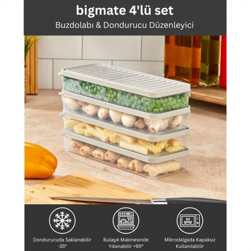 bigmate 4'lü Şeffaf Saklama Kabı Gri 4x1 Lt BGMT1515 Mikrodalga Buzdolabı ve Dondurucu Uyumlu Düzenl