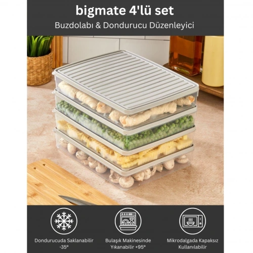 bigmate 4'lü Şeffaf Saklama Kabı Gri 4x2,5 Lt BGMT2525 Mikrodalga Buzdolabı ve Dondurucu Uyumlu Düze