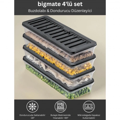 bigmate 4'lü Şeffaf Saklama Kabı Siyah 4x1 Lt BGMT1515 Mikrodalga Buzdolabı ve Dondurucu Uyumlu Düze